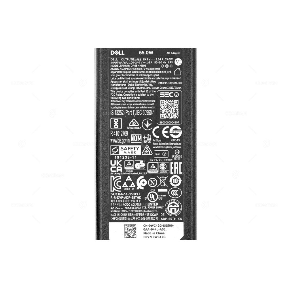 WC42G DELL 65W 19.5V 1.6A AC ADAPTER 0WC42G, DA65NM191